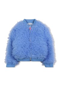 Giacca bomber in tulle blu chiaro a volant con colletto, polsini e orlo a coste, dotata di una cerniera frontale con un tira di colore rosa.