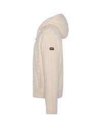 Felpa leggera beige con coste e cappuccio, caratterizzata da una cerniera laterale, texture lavorata a maglia e un piccolo patch del marchio sulla manica sinistra.