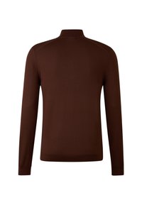 Brauner Pullover mit langen Ärmeln und hohem Kragen, aus einem glatten Strickmaterial gefertigt. Mit gerippten Bündchen und einem klaren, ungemusterten Design.