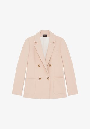 Doppelt geknöpfter Blazer aus weichem rosa Stoff mit goldenen Knöpfen, zwei vorderen Taschen, Reverskragen und leicht strukturiertem Material.