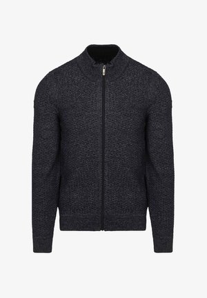 Zip-up jacket in dark gray textured knit. Features high collar, long sleeves, and ribbed cuffs. Minimalist design with contrasting zip.