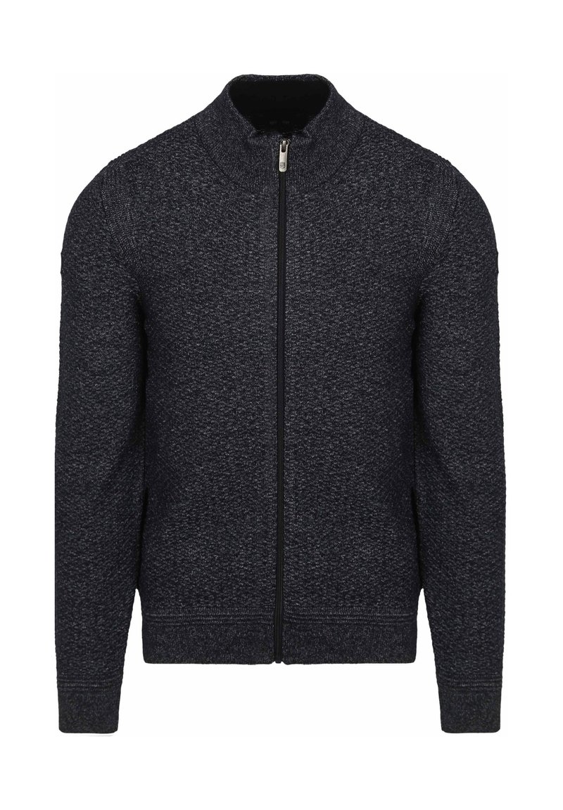 Gevoerde zip-up jas in donkergrijs gestructureerd breiwerk. Kenmerken zijn een hoge kraag, lange mouwen en ribbelmanchetten. Minimalistisch ontwerp met een contrasterende rits.