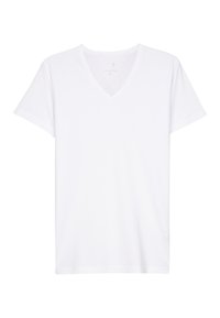 T-shirt bianco a maniche corte con scollatura a V, realizzato in tessuto morbido, con una texture liscia e senza motivi o dettagli visibili.