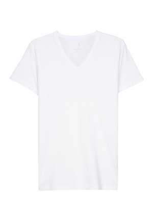 Biała koszulka z krótkim rękawem i dekoltem w serek, wykonana z miękkiego materiału, z gładką fakturą i bez widocznych wzorów lub akcentów.