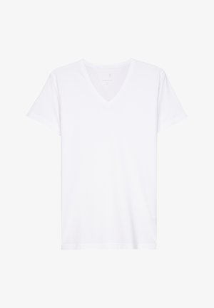 Biała koszulka z krótkim rękawem i dekoltem w serek, wykonana z miękkiego materiału, z gładką fakturą i bez widocznych wzorów lub akcentów.