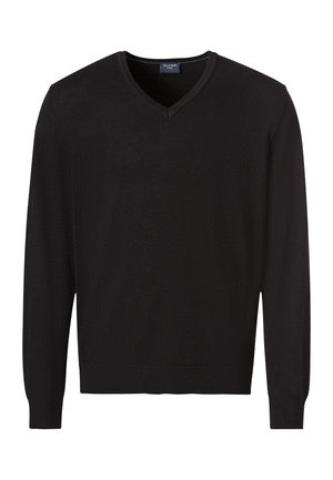 Czarny sweter z długim rękawem i dekoltem w serek, z prążkowanymi ściągaczami przy rękawach i u dołu, gładki wzór, styl casual.