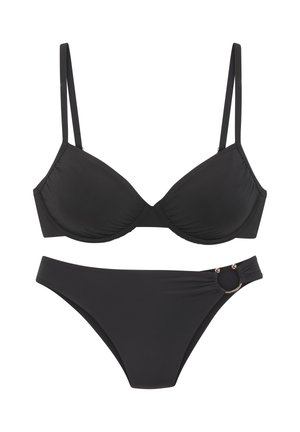 Black two-piece bikini set with underwire top featuring adjustable straps and matching bottoms with a side ring detail on the right hip.