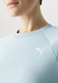 Světle modrá mikina s vroubkovaným kulatým výstřihem a raglánovými rukávy. Na hrudi se nachází malé bílé logo Puma. Jemná textura materiálu.