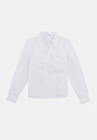 Camicia bianca a maniche lunghe in tessuto morbido, con colletto, dettaglio arricciato sul davanti e polsini con bottoni.
