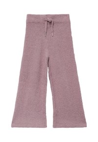 Gemütliche, weit geschnittene Hosen aus weichem, plüschigem Stoff. Texturiertes, helllila Farbton mit Kordelzugbund und ohne sichtbare Muster oder Akzente.