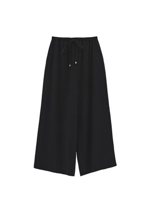 Pantaloni neri a gamba larga con elastico in vita e coulisse, realizzati in tessuto leggero.
