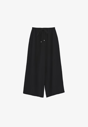 Pantalon noir à jambes larges avec taille élastique et cordon, fabriqué en tissu léger.