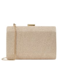 Kabelka ve zlatém tónu s texturovaným, třpytivým povrchem. Má obdélníkový tvar, horní zapínání a připojený řetízkový popruh.