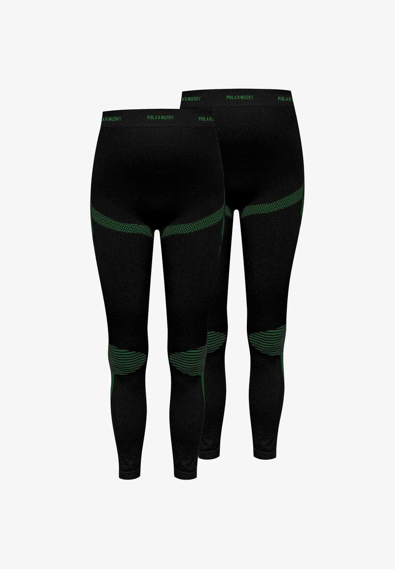 Schwarze Leggings mit grünen Akzenten, mit einem strukturierten Bund und gemusterten Einsätzen, entworfen für Komfort und aktive Nutzung.