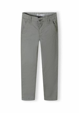 Pantalon en coton gris clair avec une coupe droite, deux poches avant et une ceinture à motif à pois. Design simple sans logos visibles.