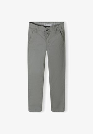 Pantaloni in cotone grigio chiaro con taglio dritto, due tasche anteriori e una vita con motivo a pois. Design semplice senza loghi visibili.