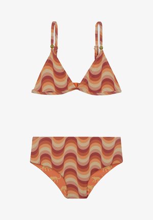 Two-piece bikini set with a multicolored wave pattern in warm tones of orange, red, and beige; features adjustable straps and animal accents.