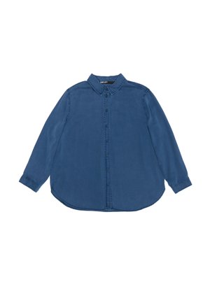 Camicia a maniche lunghe con bottoni in tessuto blu scuro con una trama liscia. Presenta un colletto classico e un orlo curvo.