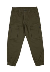 Pantaloni cargo verde oliva con polsini elastici, due tasche laterali e due grandi tasche cargo. Realizzati in tessuto resistente, con chiusura a bottoni.