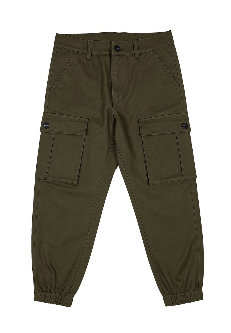 Pantaloni cargo verde oliva con polsini elastici, due tasche laterali e due grandi tasche cargo. Realizzati in tessuto resistente, con chiusura a bottoni.