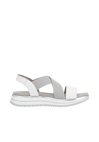 White and gray sandal with cross-band design. Made of synthetic material, featuring a cushioned insole, rubber sole, and slight heel elevation.