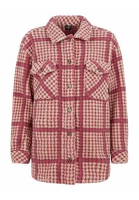 Vaaleanpunainen ja valkoinen ruudullinen paidantakki pehmeästä kankaasta. Siinä on kaksi rintataskua, napillinen kiinnitys ja kaulus. Pehmeä pinta.