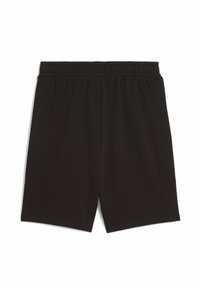 Svarta elastiska midjebyxor med rak skärning, visade platt på en vit bakgrund.