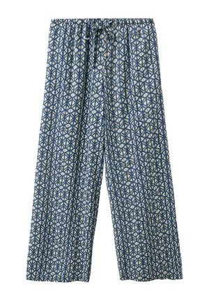 Pantalones de corte holgado con estampados geométricos de estrellas en azul y blanco, cintura elástica y cierre con cordón ajustable.