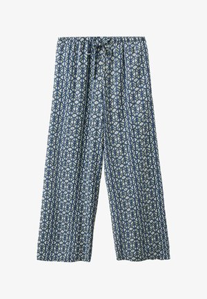 Pantalones de corte holgado con estampados geométricos de estrellas en azul y blanco, cintura elástica y cierre con cordón ajustable.