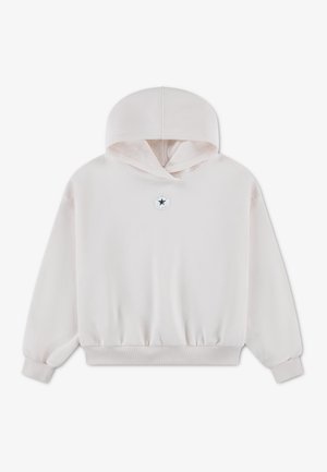 Sweat à capuche beige clair avec manches longues et petit logo étoile noire ronde sur la poitrine.