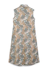 Abito bianco senza maniche con un motivo paisley nei toni dell'arancione, verde e grigio. Design con colletto e taglio fluido alla lunghezza del ginocchio.