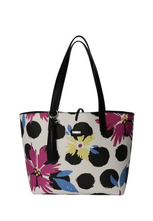Borsa tote bianca con manici neri, decorata con grandi pois neri e fiori colorati in rosa, giallo e blu, con un piccolo nappina nera.
