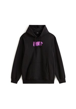 Felpa nera con cappuccio e tasca a marsupio, logo Vans in stile pennellata rosa sul petto, con lacci sul cappuccio.