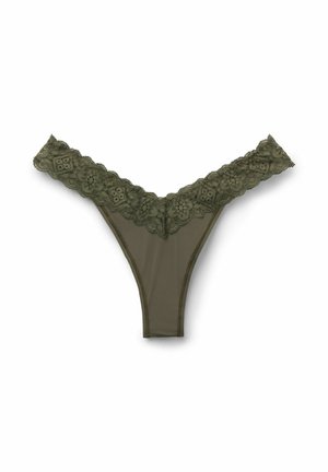 Olivengrøn trusse med snørre i siden, bredt blonderes bånd med blomsterprint på hvid baggrund.