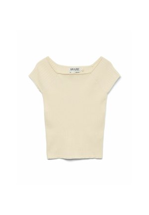 Kreemivärvi ribatud lühikeste varrukatega top, millel on lai kaelus ja nööpdetail õlal. Pehme tekstuur, lihav disain.
