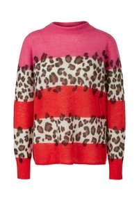 Strickpullover mit horizontalen Streifen in Pink, Rot und Weiß sowie einem Leopardenmuster in Braun. Rundhalsausschnitt, lange Ärmel, weicher Stoff.