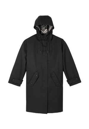 Czarny wodoodporny płaszcz z kapturem, z kieszeniami na przodzie zapinanymi na guziki, regulowanymi mankietami i podszewką z nadrukiem zwierzęcym wewnątrz kaptura.