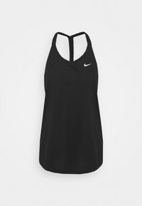 Débardeur de sport noir en tissu léger, avec un dos nageur et un petit logo Nike blanc sur le devant.