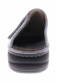 Blauwe wollen instapper met een zwarte rubberen zool, met een open achterkant ontwerp, gestikte details en een zachte vilten voering voor comfort.