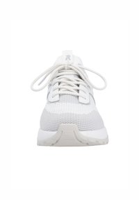 White athletic shoe with a breathable knit upper, textured pattern, round laces, and a rubber sole with a light gray accent.