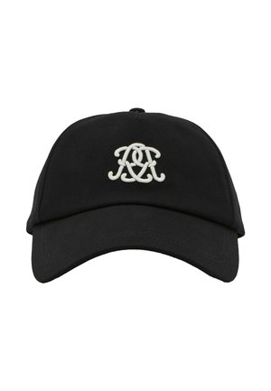 Čierna bavlnená čiapka s bielou vyšitou logom vpredu, zakriveným šiltom a nastaviteľným popruhom vzadu na úpravu veľkosti.