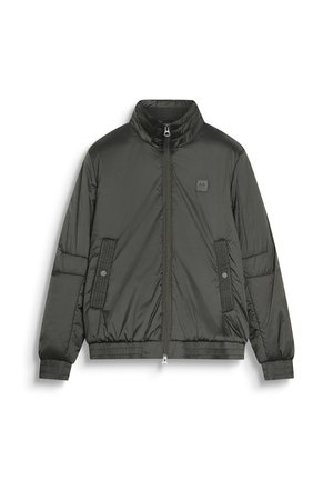 Chaqueta acolchada verde con un cuello alto, cremallera frontal y puños elásticos. Presenta paneles laterales texturizados y un parche de logo en el pecho.