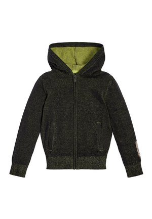 Dunkelgrauer Kapuzenpullover mit Reißverschluss, grünem Futter aus Fleece innen an der Kapuze, vorderen Taschen sowie gerippten Bündchen und Saum.