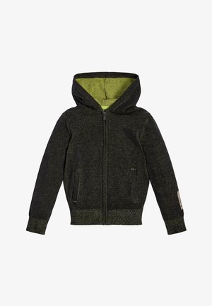 Ciemnoszara bluza na zamek z zielonym polarem wyściełającym wnętrze kaptura, przednie kieszenie oraz ściągacze na mankietach i dole bluzy.