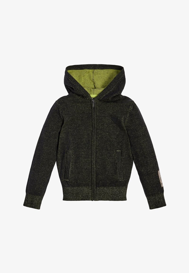 Sweat à capuche gris foncé zippé avec doublure en polaire verte à l'intérieur de la capuche, poches avant, et poignets et ourlet côtelés.