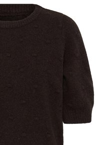 Pull tricoté marron foncé à manches courtes avec un col rond et un motif en points texturé sur le tissu.