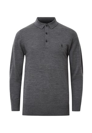 Polo a maniche lunghe grigio scuro realizzato in un tessuto a trama, con colletto classico, tre bottoni e un piccolo logo sul petto.