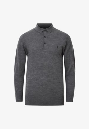 Polo a maniche lunghe grigio scuro realizzato in un tessuto a trama, con colletto classico, tre bottoni e un piccolo logo sul petto.