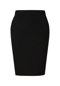 Jupe crayon noire longueur genou avec une taille ajustée et un tissu lisse, conçue pour un look élégant et professionnel.