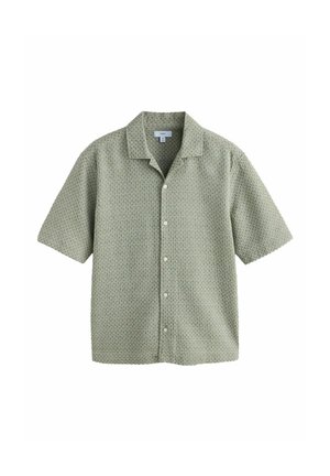 Hellgrünes kurzärmeliges Hemd mit Knopfleiste, kleinem, sich wiederholendem geometrischem Muster und einem Camp-Kragen.